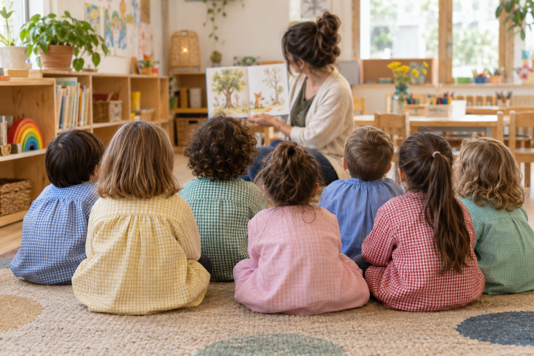 Imatge d'escena a una aula d'infantil creada amb IA.